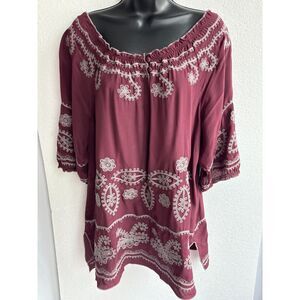 Blue Tassel Tunic Top Embroidered 100% Silk Burgundy Size Petite L Flowy Boho